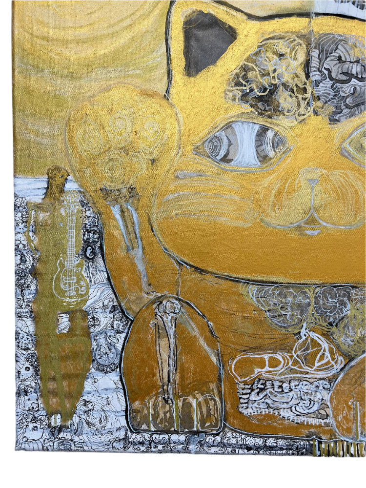 Abstract artwork with a prominent yellow cat-like figure and intricate patterns.