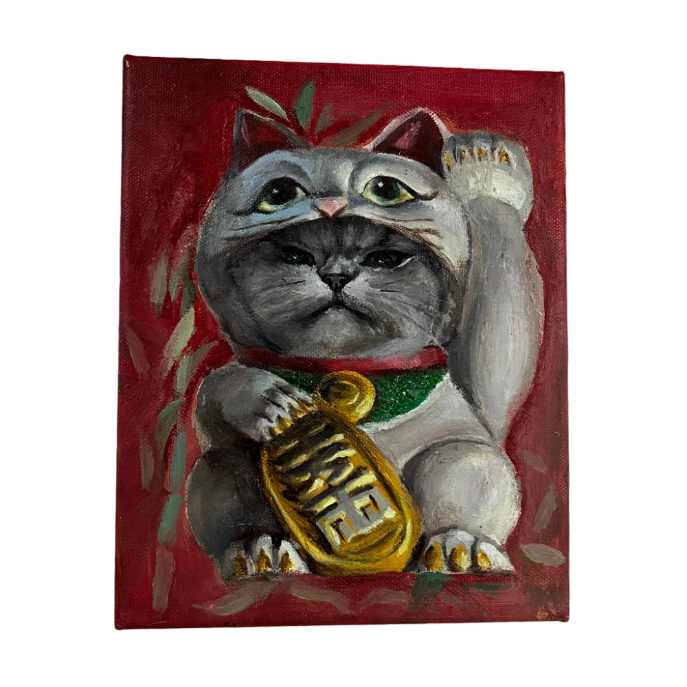 Painting of a cat holding a gold coin on a red background
