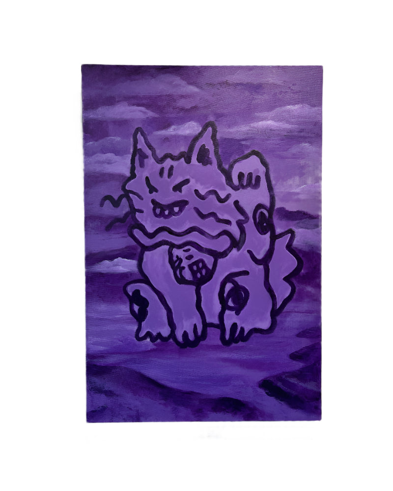 Purple abstract painting of a stylized cat-like creature on a white wall.