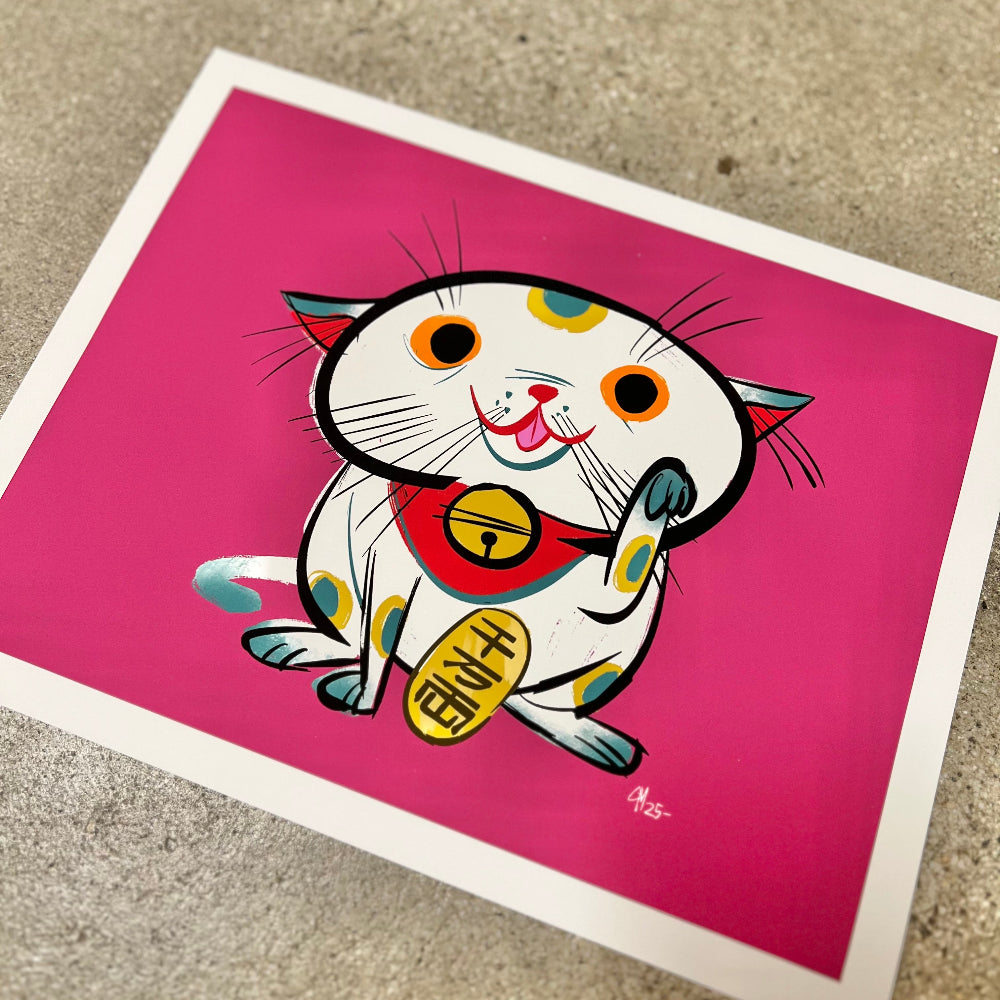 Colorful cartoon cat illustration on a pink background