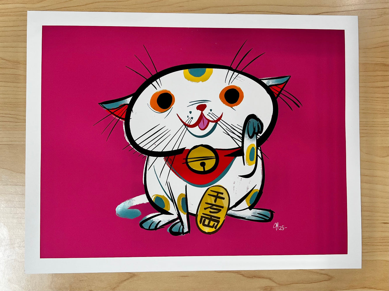 Colorful illustration of a cat on a pink background